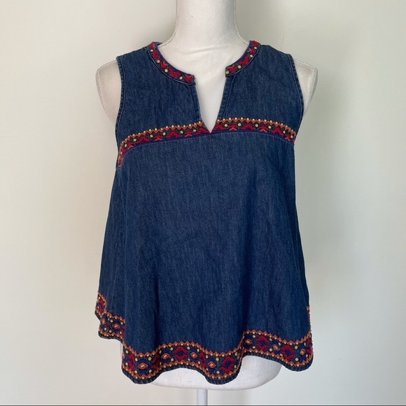 Gap Crop Top Size XS Womens Embroidered Denim Sleeveless Cotton V Neck Blue Red - Picture 7 of 11